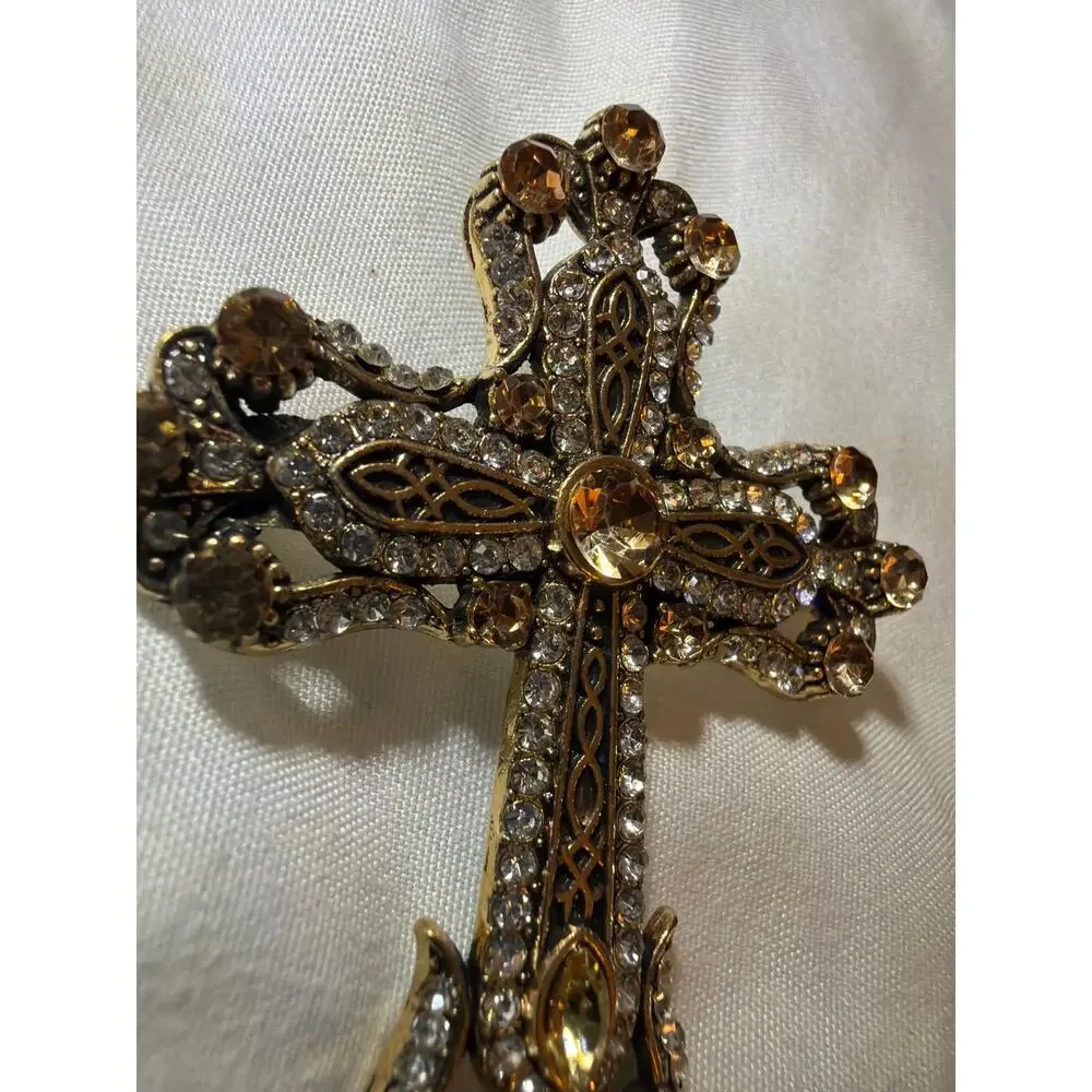 Vintage Gold Tone Cross Brooch Amber Clear Rhinestone Filigree Religious Pin